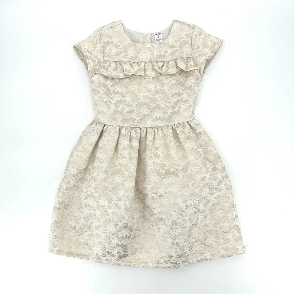 Carter’s girl jacquard woven dress cream metallic gold floral Size 8